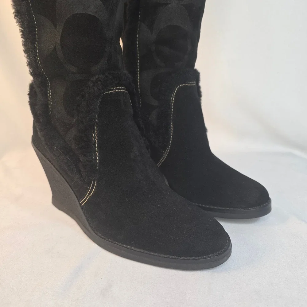 Coach Jonie Black Suede Signature Monogram Wedge Boots Womens 6.5M